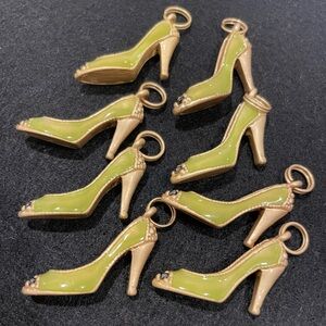Set of 8 Green and Gold Enameled High Heel Charms with crystals.